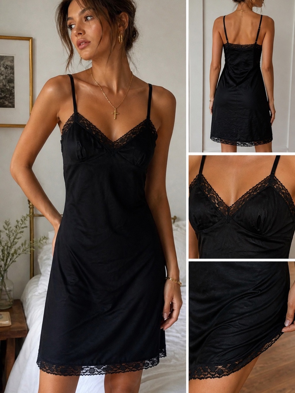 Vintage 90s Vanity Fair Black Slip Dress Lace Trim Nylon Nightgown 40